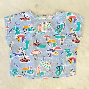 Vintage 80s 90s Multicolor Sailboat Print Cap Sleeve Crop Top / Small